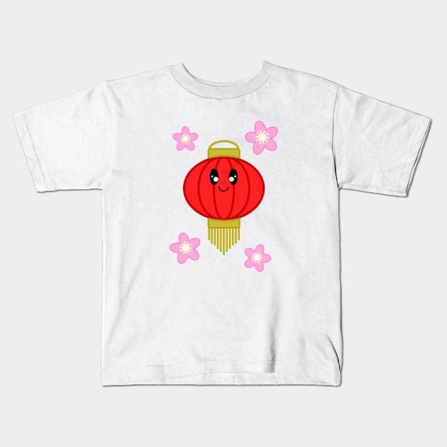 Cute Lantern with Sakura Flowers in White Background Kids T-Shirt by Kelly Gigi